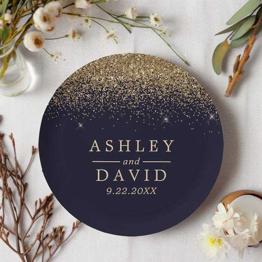 Gold Confetti Navy Blue Modern Wedding Papieren Bordje