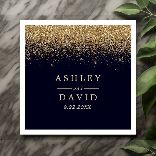 Gold Confetti Navy Blue Modern Wedding Servet