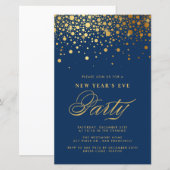 Gold Confetti Navy Blue nieuwjaarsuitnodiging (Voorkant / Achterkant)