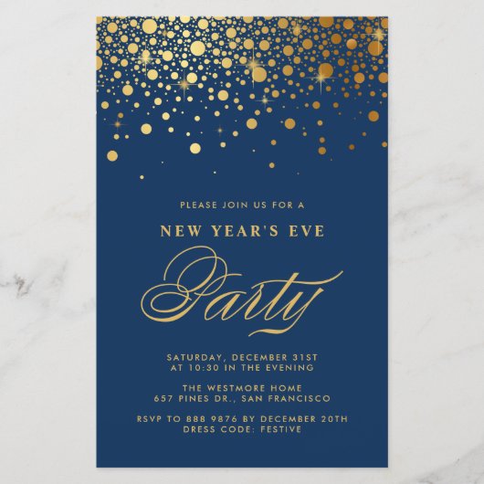 Gold Confetti Navy Blue nieuwjaarsuitnodiging (Voorkant)