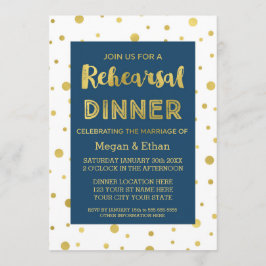 Gold Confetti Navy Blue Rehearsal Dinner Party Kaart