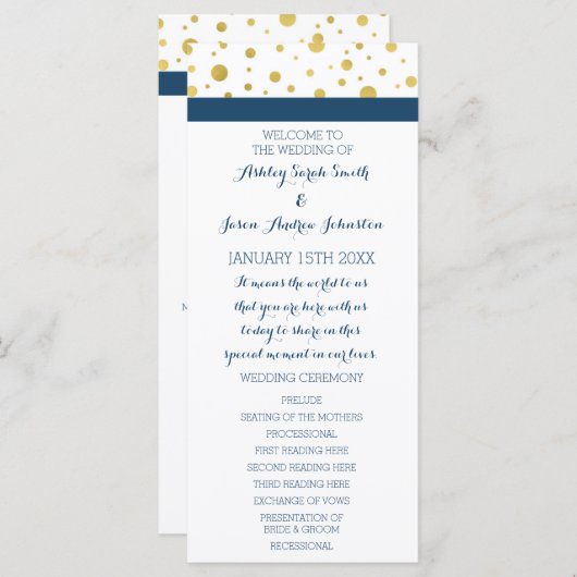 Gold Confetti Navy Blue Wedding Programma Programmakaart (Voorkant / Achterkant)