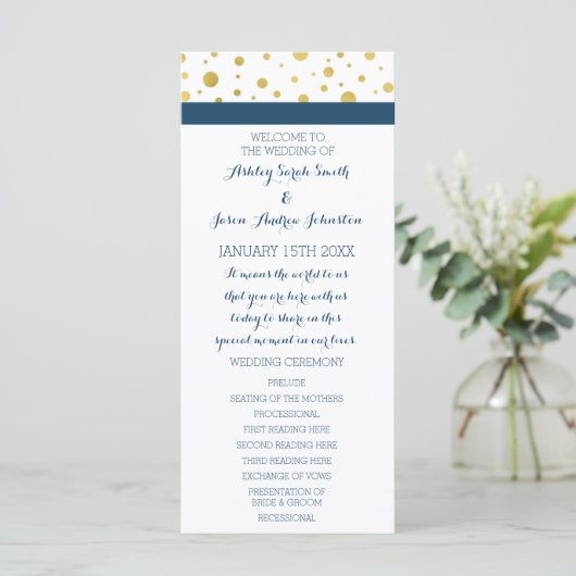 Gold Confetti Navy Blue Wedding Programma Programmakaart (Staand voorkant)
