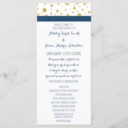 Gold Confetti Navy Blue Wedding Programma Programmakaart (Voorkant)