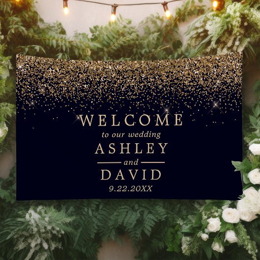 Gold Confetti Navy Blue Wedding Welcome Spandoek