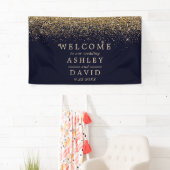 Gold Confetti Navy Blue Wedding Welcome Spandoek (Insitu)