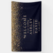 Gold Confetti Navy Blue Wedding Welcome Spandoek (Verticaal)