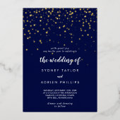 Gold Confetti|Navy De bruiloft van goud Folie Uitnodiging (Voorkant)