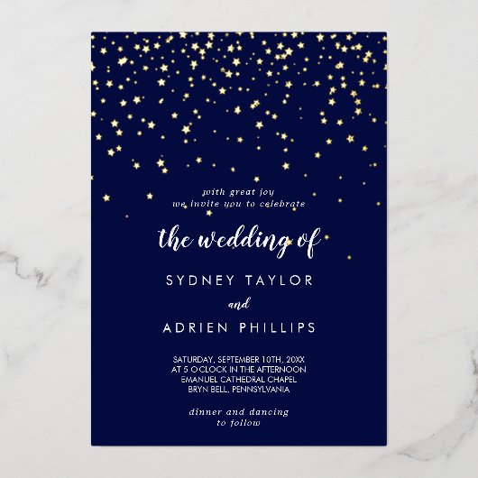 Gold Confetti|Navy De bruiloft van goud Folie Uitnodiging (Voorkant)