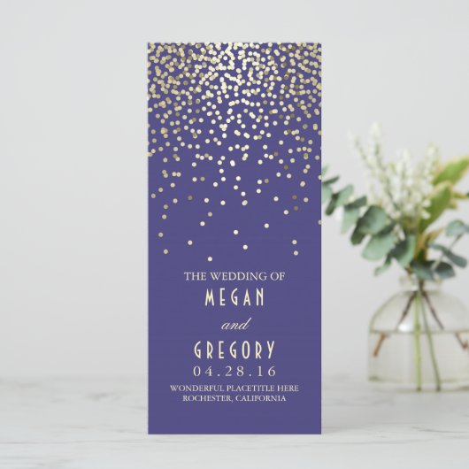 Gold Confetti Navy Elegant Glitter Wedding Program Programmakaart (Staand voorkant)