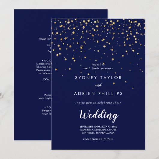 Gold Confetti | Navy Front and Back Wedding Kaart (Voorkant / Achterkant)