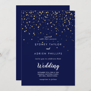 Gold Confetti   Navy Front and Back Wedding Kaart