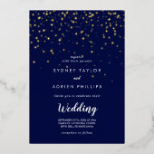 Gold Confetti|Navy Front en Back Wedding Gold Folie Uitnodiging (Voorkant)