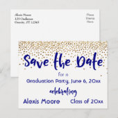 Gold Confetti Navy Graduation Party Save the Date Aankondigingskaart (Voorkant / Achterkant)