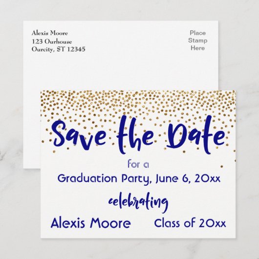 Gold Confetti Navy Graduation Party Save the Date Aankondigingskaart (Voorkant / Achterkant)