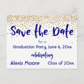 Gold Confetti Navy Graduation Party Save the Date Aankondigingskaart (Voorkant)