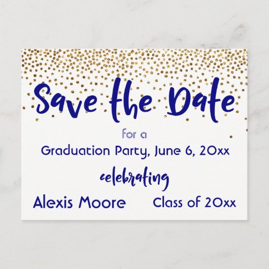 Gold Confetti Navy Graduation Party Save the Date Aankondigingskaart (Voorkant)