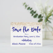 Gold Confetti Navy Graduation Party Save the Date Aankondigingskaart (Staand voorkant)