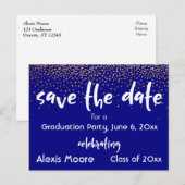 Gold Confetti Navy Graduation Party Save the Date Aankondigingskaart (Voorkant / Achterkant)