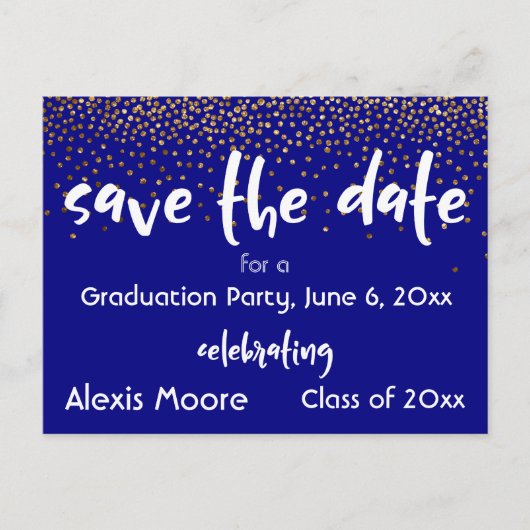 Gold Confetti Navy Graduation Party Save the Date Aankondigingskaart (Voorkant)
