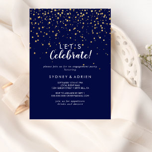 Gold Confetti Navy Let's Celebrate Party Kaart