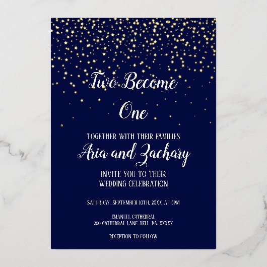 Gold Confetti|Navy Two wordt een bruiloft Folie Uitnodiging (Voorkant)