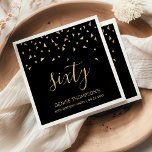 Gold Confetti op Black 60th Birthday Party Servet<br><div class="desc">Help hen hun 60e verjaardag in stijl te vieren met dit eenvoudige maar elegante ontwerp, met faux gouden driehoekige confetti die neerslaan op het woord "zestig" in een stijlvol, gouden handschrift op een zwarte achtergrond. Pas het met de naam van de honoree in gouden sans serif doopvont, samen met de...</div>