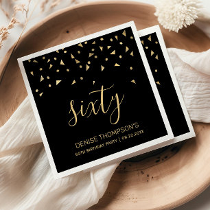 Gold Confetti op Black 60th Birthday Party Servet