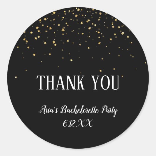 Gold Confetti op Black Bachelorette Bedankt Ronde Sticker (Voorkant)