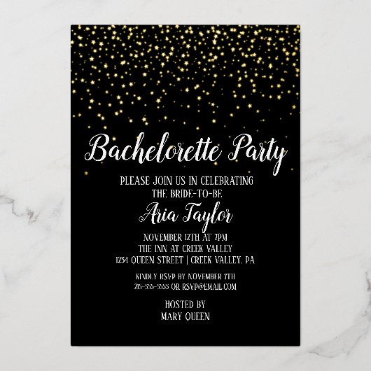 Gold Confetti op Black Bachelorette Party Gold Folie Uitnodiging (Voorkant)