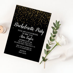 Gold Confetti op Black Bachelorette Party Kaart