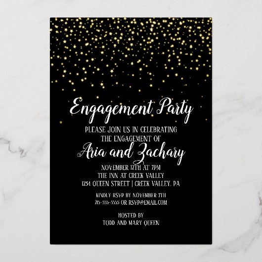Gold Confetti op Black Engagement Party Gold Folie Uitnodiging (Voorkant)