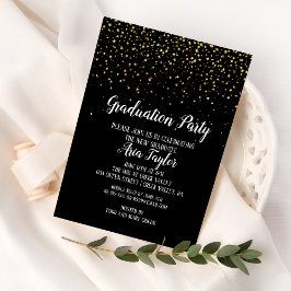 Gold Confetti op Black Graduation Party Kaart