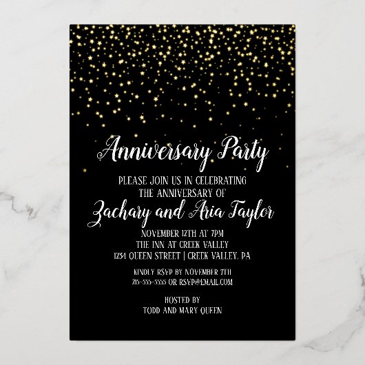 Gold Confetti op Black Jubileum Party Gold Folie Uitnodiging (Voorkant)
