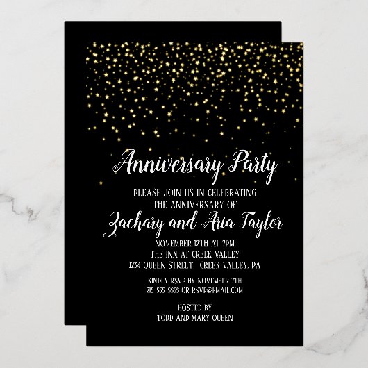 Gold Confetti op Black Jubileum Party Gold Folie Uitnodiging (Voorkant / Achterkant)