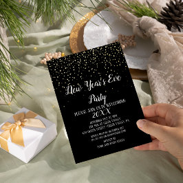 Gold Confetti op Black New Year's Eve Party Gold Folie Uitnodiging