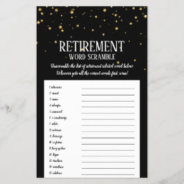 Gold Confetti op Black Retirement Word Scramble Flyer