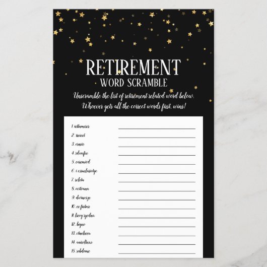 Gold Confetti op Black Retirement Word Scramble Flyer (Voorkant)