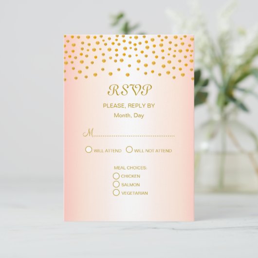 Gold Confetti op Black & Roos Gold Wedding RSVP Kaartje (Staand voorkant)