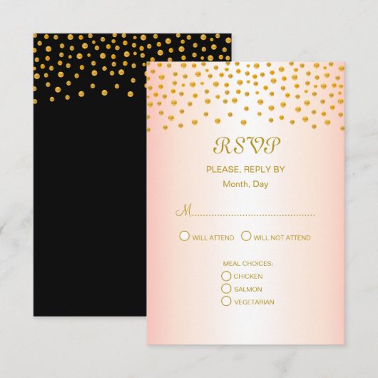 Gold Confetti op Black & Roos Gold Wedding RSVP Kaartje (Voorkant / Achterkant)