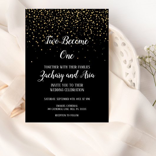 Gold Confetti op Black Two wordt een bruiloft Kaart