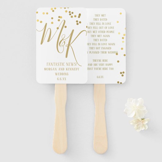 Gold Confetti op Ecru Wedding Program Hand Fans Handwaaier (Voorkant en achterkant)