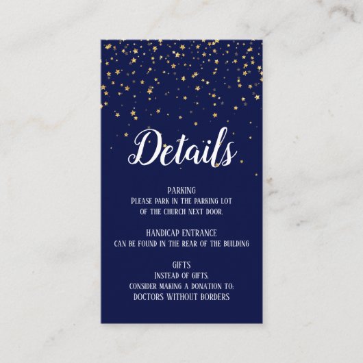 Gold Confetti op Navy Blue-kaart met details Informatiekaartje (Voorkant)