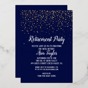 Gold Confetti op Navy Blue Retirement Party Gold Folie Uitnodiging