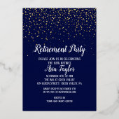 Gold Confetti op Navy Blue Retirement Party Gold Folie Uitnodiging (Voorkant)