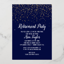 Gold Confetti op Navy Blue Retirement Party Gold Folie Uitnodiging