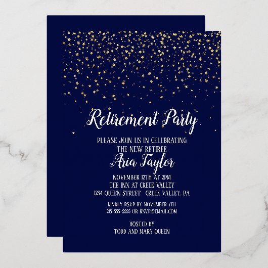 Gold Confetti op Navy Blue Retirement Party Gold Folie Uitnodiging (Voorkant / Achterkant)