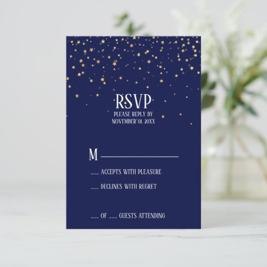 Gold Confetti op Navy Blue RSVP-kaart RSVP Kaartje (Staand voorkant)