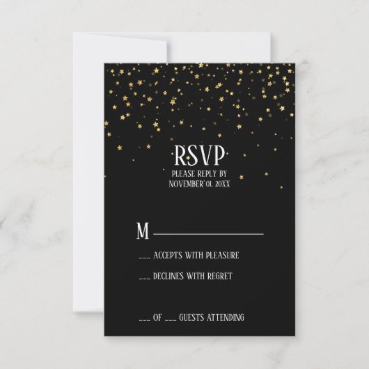 Gold Confetti op RSVP-kaart met zwart Verloving RSVP Kaartje (Voorkant)