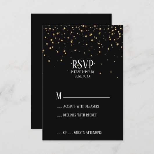 Gold Confetti op RSVP-kaart van Black Graduparty RSVP Kaartje (Voorkant / Achterkant)